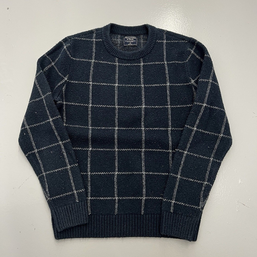 Abercrombie & Fitch Mens Medium Navy Blue Gray Windowpane Plaid Crewneck Sweater